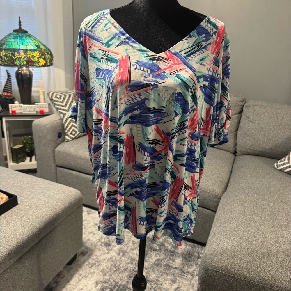 Sew In Love V-Neck Abstract Top - Blue, Pink, White